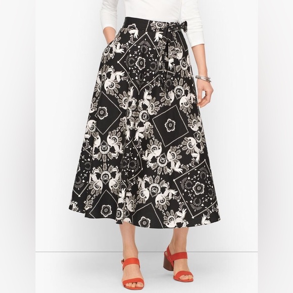 Talbots Peacock ALLOVER BANDANA COTTON MIDI SKIRT Geometric w/Pockets Black 12 - Picture 1 of 16